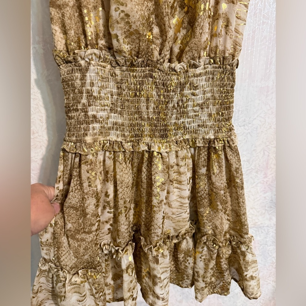In The Beginning Glamorous Gold Sleeveless, Smocked, Ruffled Mini Dress, Sz Sm - Picture 3 of 10